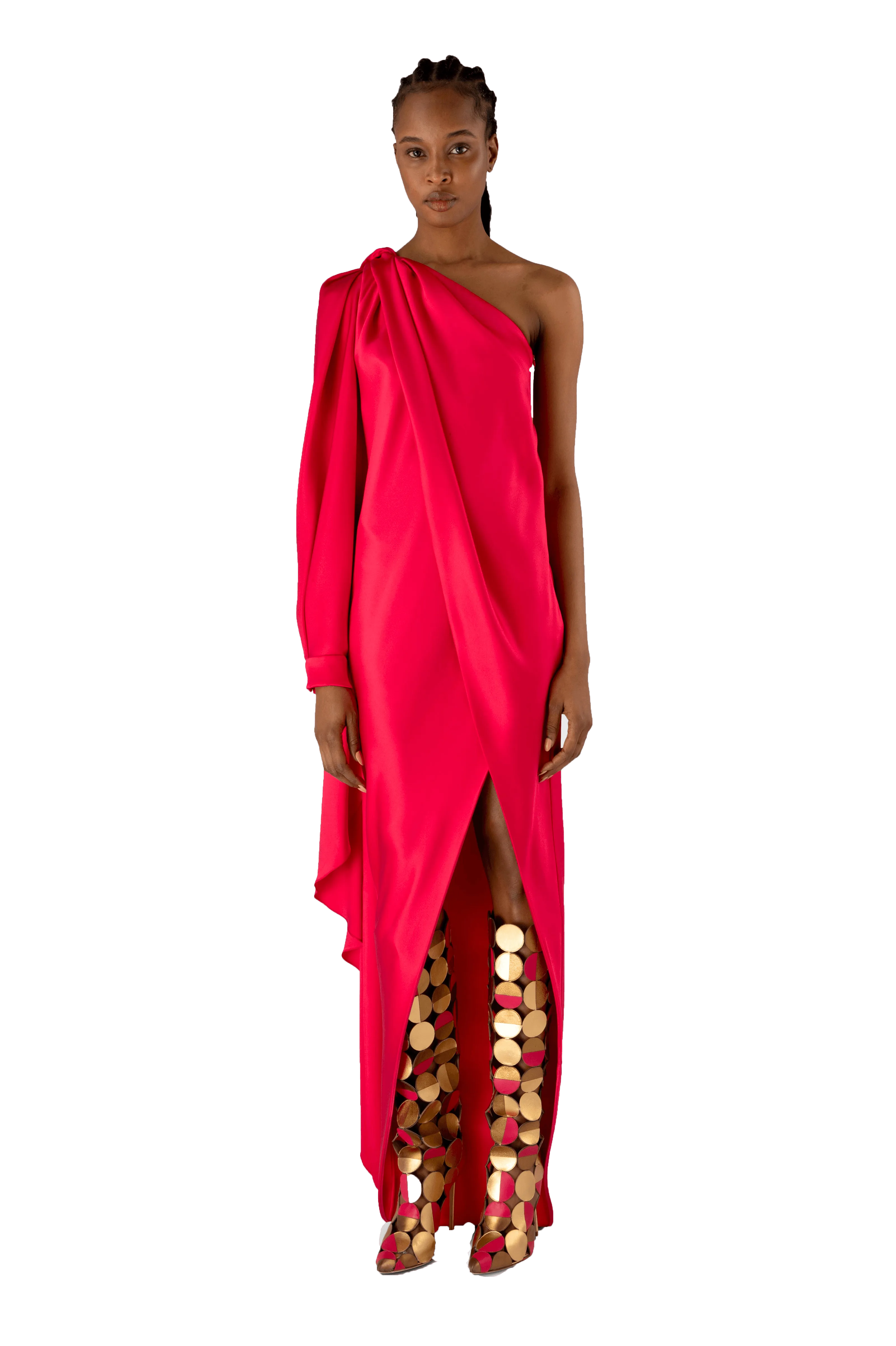 Geranium Silk Draped One Shoulder Dress