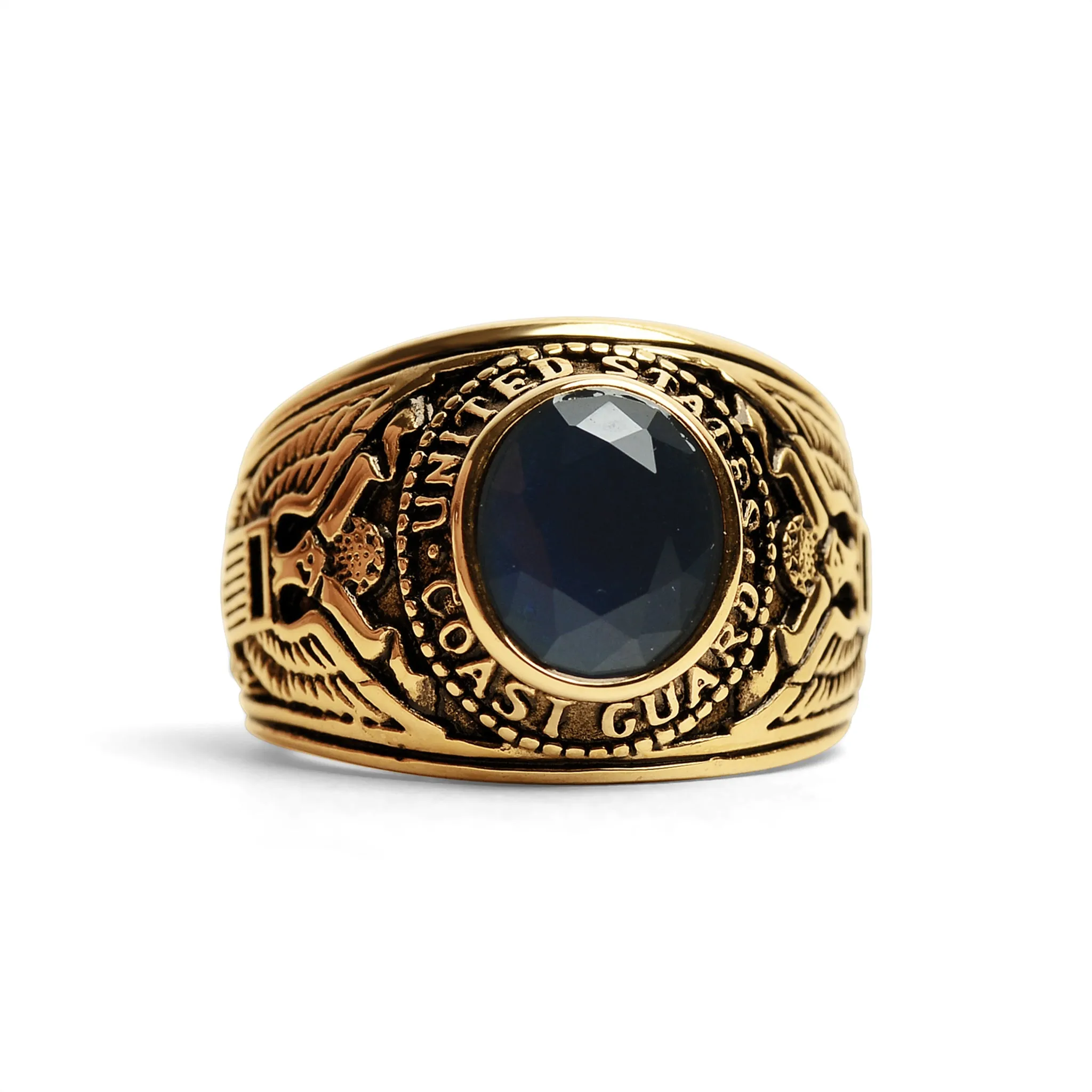 Gold United States Coast Guard Blue Center Stainless Steel Ring / MCR6010