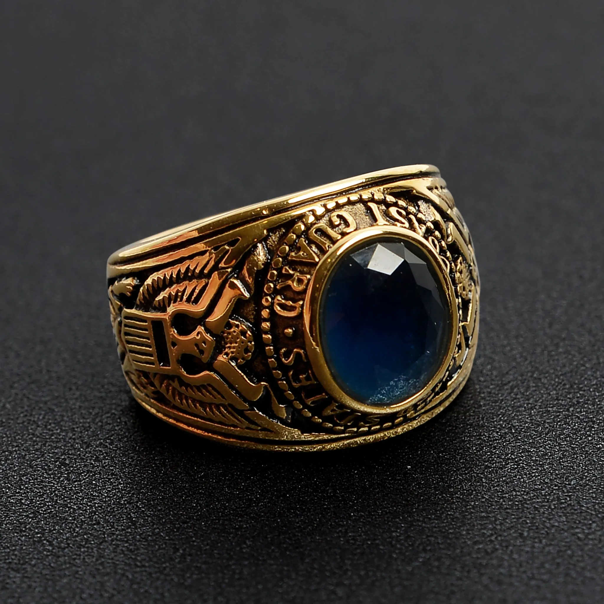 Gold United States Coast Guard Blue Center Stainless Steel Ring / MCR6010