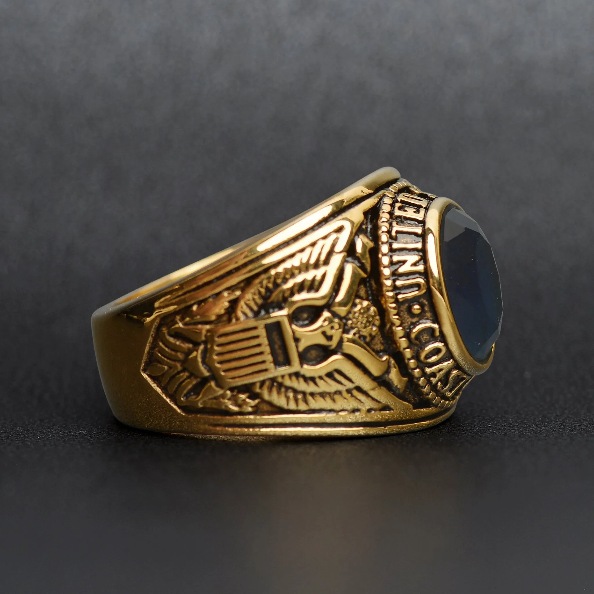 Gold United States Coast Guard Blue Center Stainless Steel Ring / MCR6010