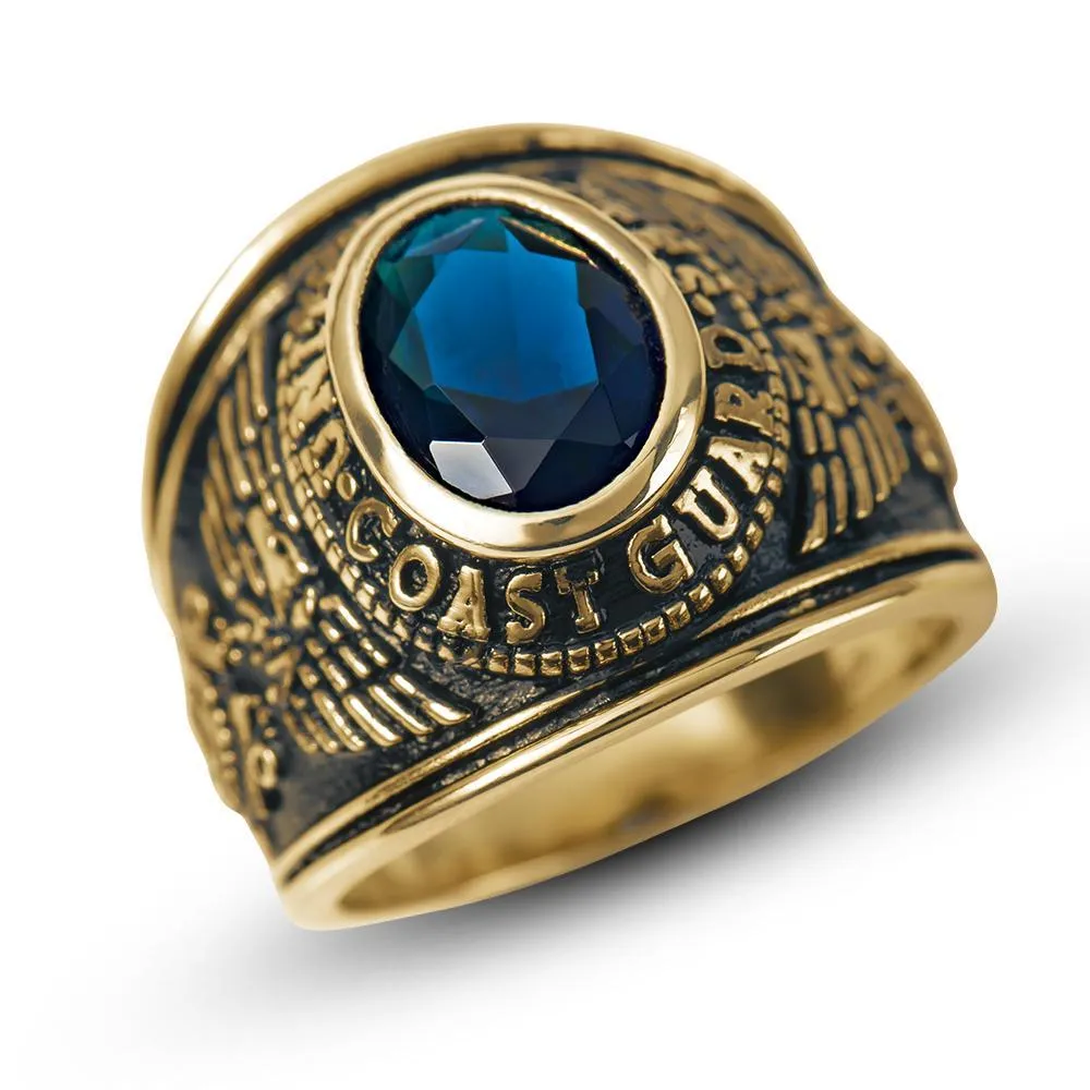 Gold United States Coast Guard Blue Center Stainless Steel Ring / MCR6010