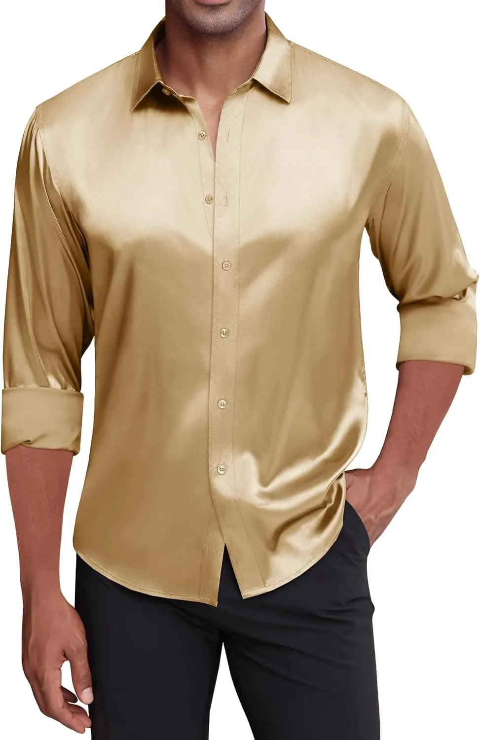 J.VER Men's Silk Satin Long Sleeve Dress Shirts Shiny Casual Button Down Shirt Luxury Party Prom Shirts