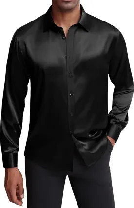 J.VER Men's Silk Satin Long Sleeve Dress Shirts Shiny Casual Button Down Shirt Luxury Party Prom Shirts