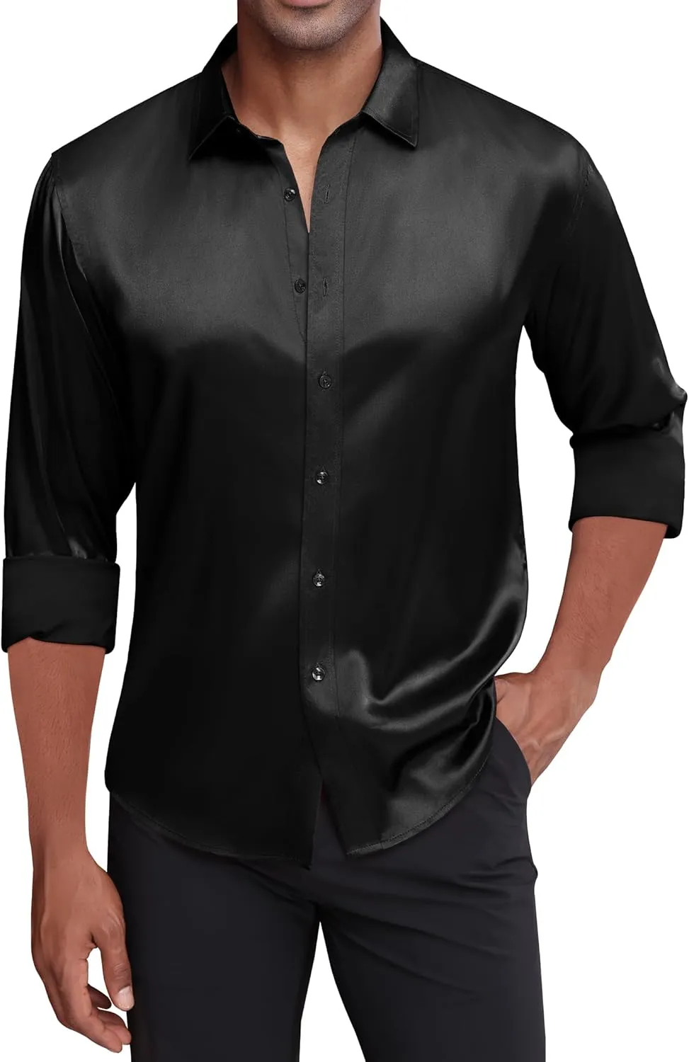 J.VER Men's Silk Satin Long Sleeve Dress Shirts Shiny Casual Button Down Shirt Luxury Party Prom Shirts