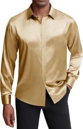 J.VER Men's Silk Satin Long Sleeve Dress Shirts Shiny Casual Button Down Shirt Luxury Party Prom Shirts
