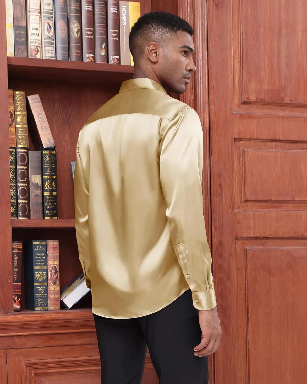 J.VER Men's Silk Satin Long Sleeve Dress Shirts Shiny Casual Button Down Shirt Luxury Party Prom Shirts