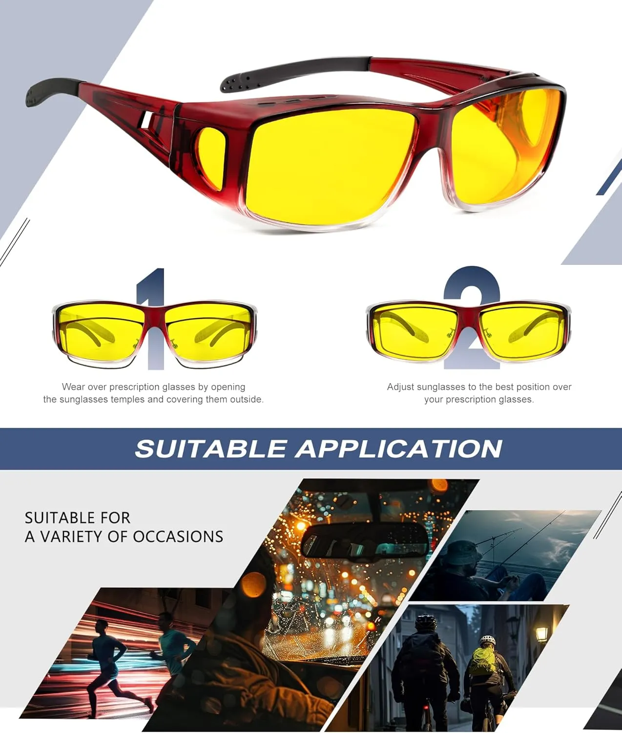 KALIYADI Night-Vision-Glasses Fit-Over-Glasses Wrap-Around Glasses: Anti Glare Night Driving Glasses for men women HD Lens