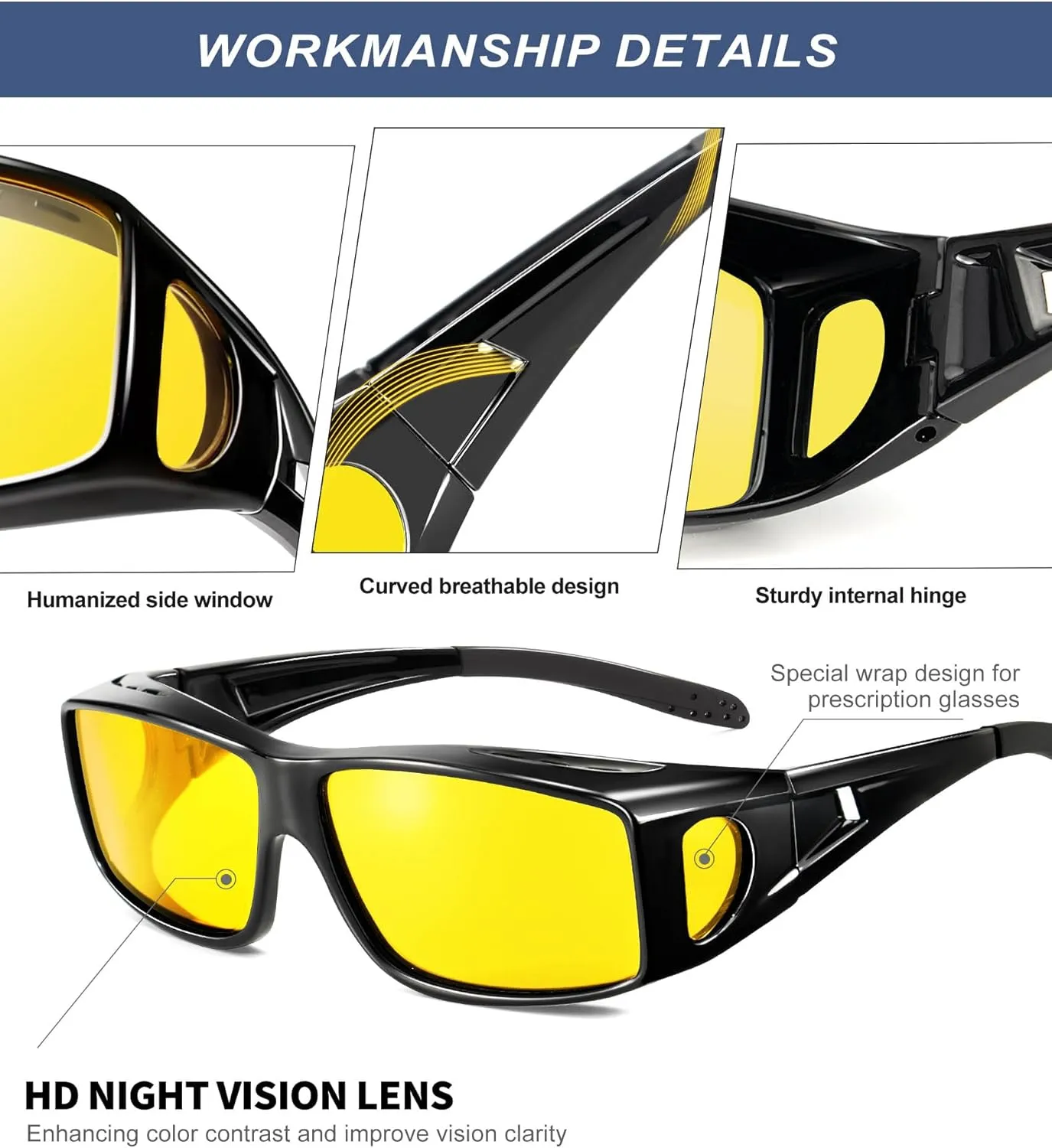 KALIYADI Night-Vision-Glasses Fit-Over-Glasses Wrap-Around Glasses: Anti Glare Night Driving Glasses for men women HD Lens