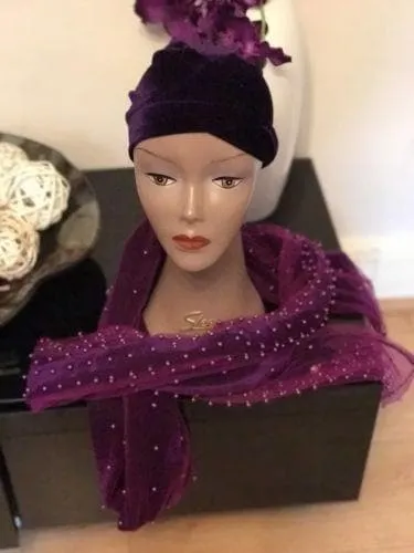 Large Beaded  Purple Double velvet Turban headwraps | Premade Chemocap