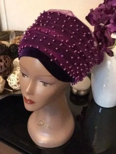 Large Beaded  Purple Double velvet Turban headwraps | Premade Chemocap