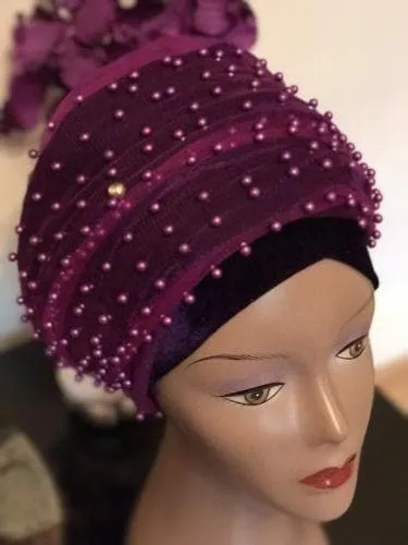 Large Beaded  Purple Double velvet Turban headwraps | Premade Chemocap