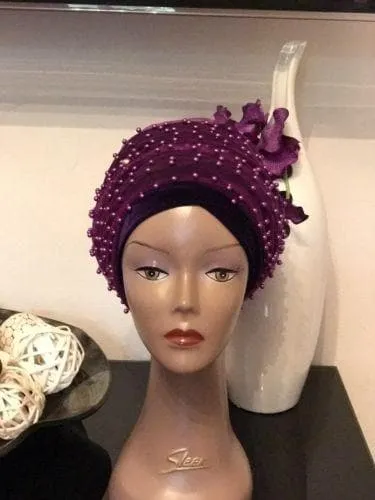 Large Beaded  Purple Double velvet Turban headwraps | Premade Chemocap