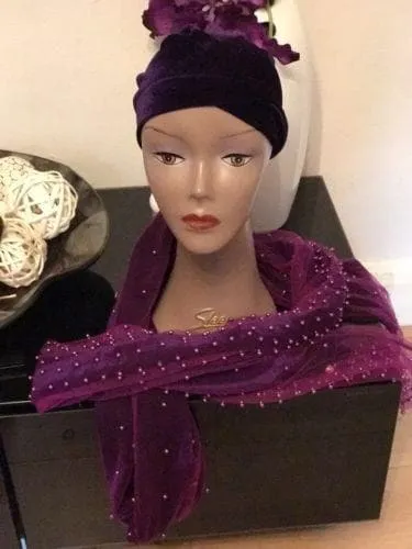 Large Beaded  Purple Double velvet Turban headwraps | Premade Chemocap