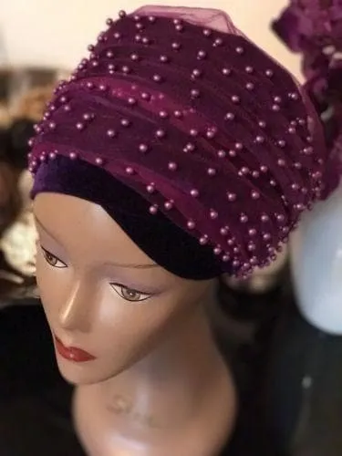 Large Beaded  Purple Double velvet Turban headwraps | Premade Chemocap