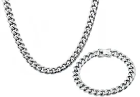 Mens 10mm Stainless Steel Cuban Link Chain With Box Clasp Set