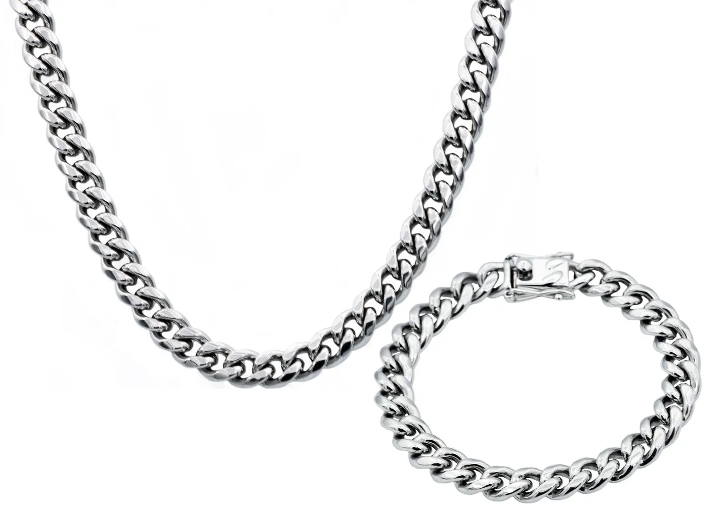 Mens 10mm Stainless Steel Cuban Link Chain With Box Clasp Set