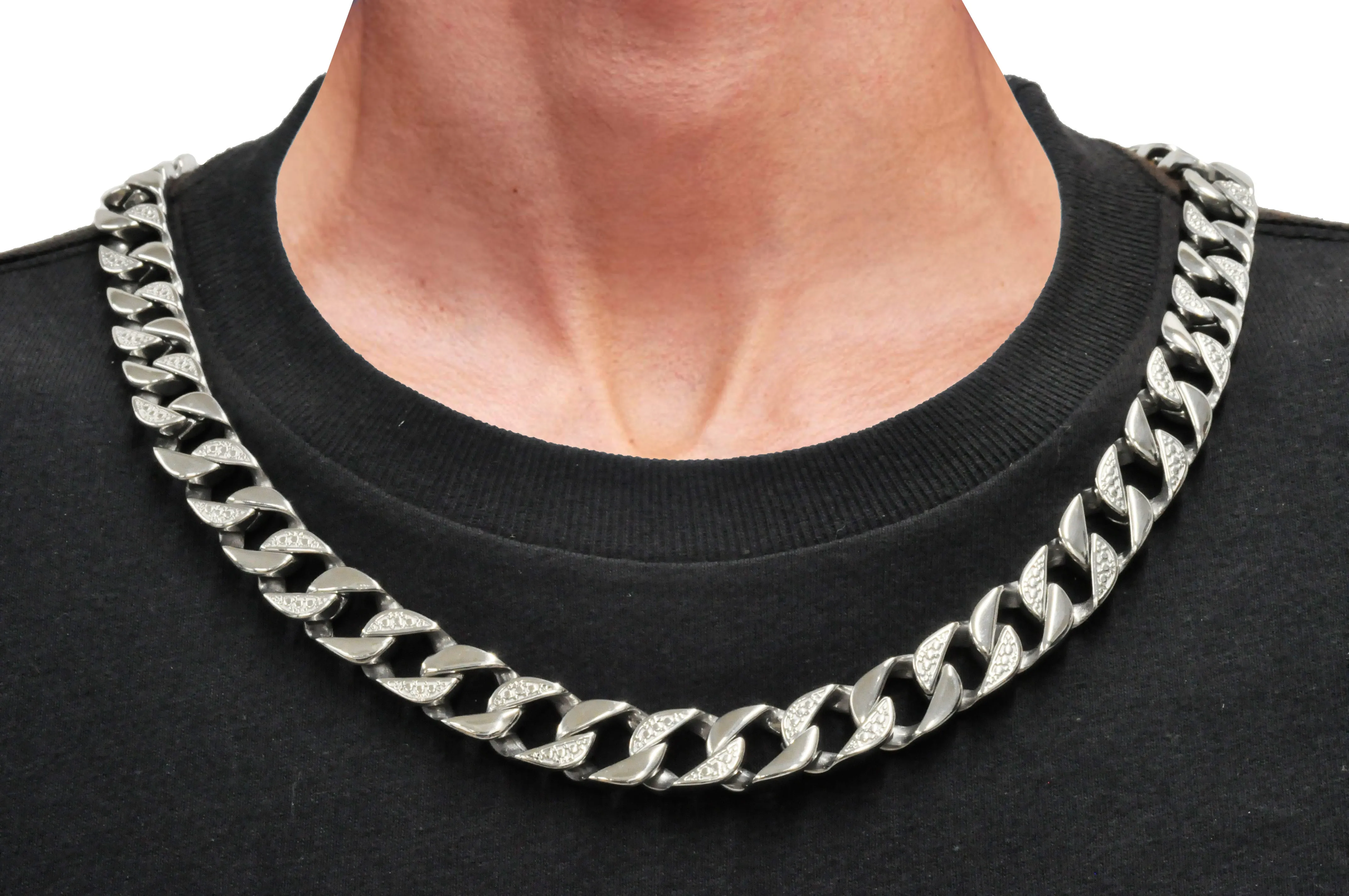 Mens 14mm Stainless Steel Pave Curb Link Chain Necklace