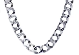 Mens 14mm Stainless Steel Pave Curb Link Chain Necklace