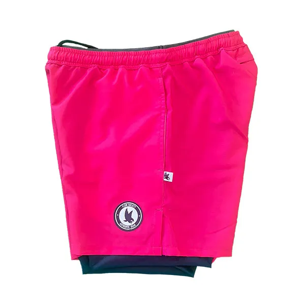 Mens 2-1 Solid Compression Neon Pink with Navy Liner 7" Short