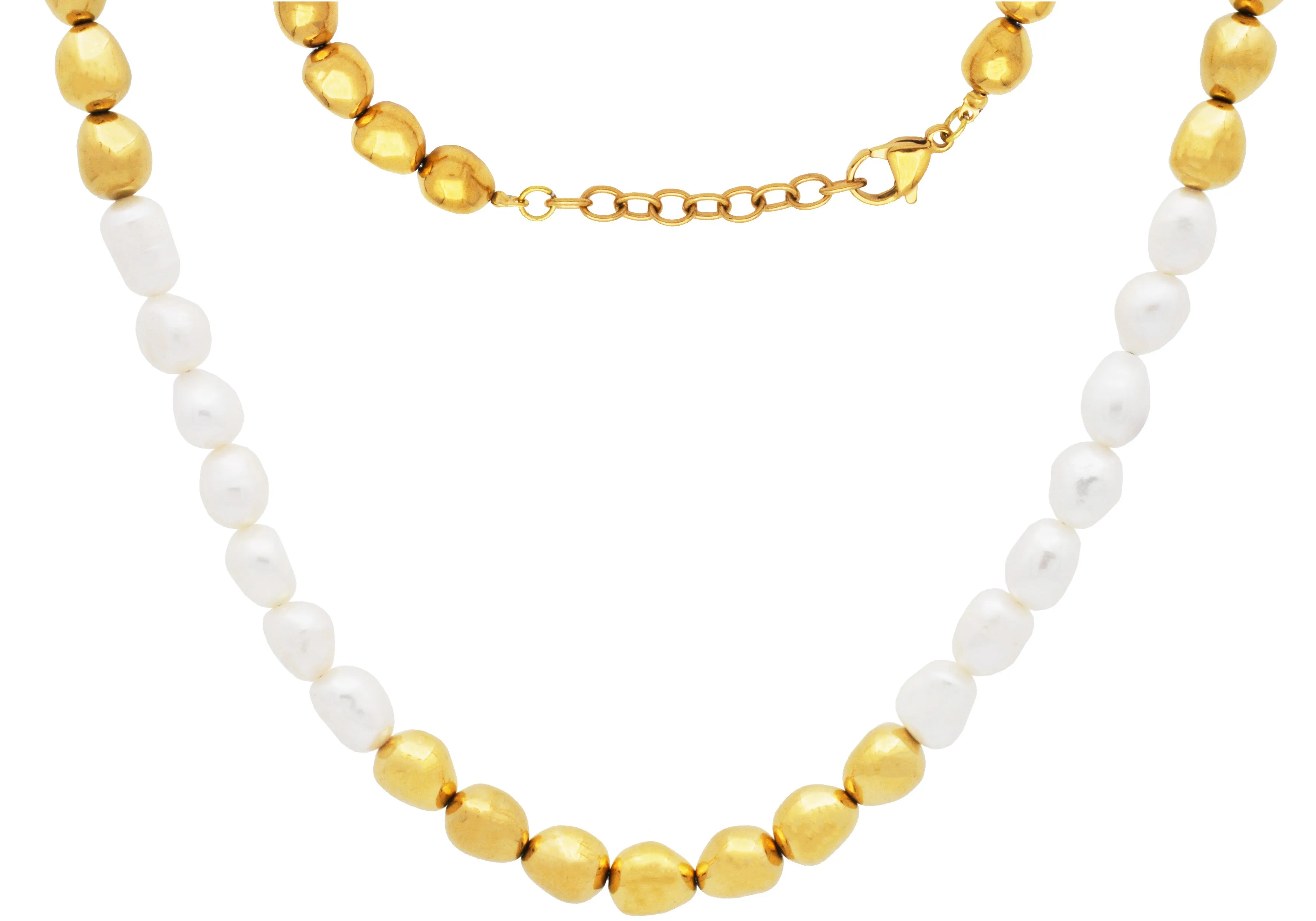 Mens 6MM Baroque Pearl Gold Stainless Steel Necklace