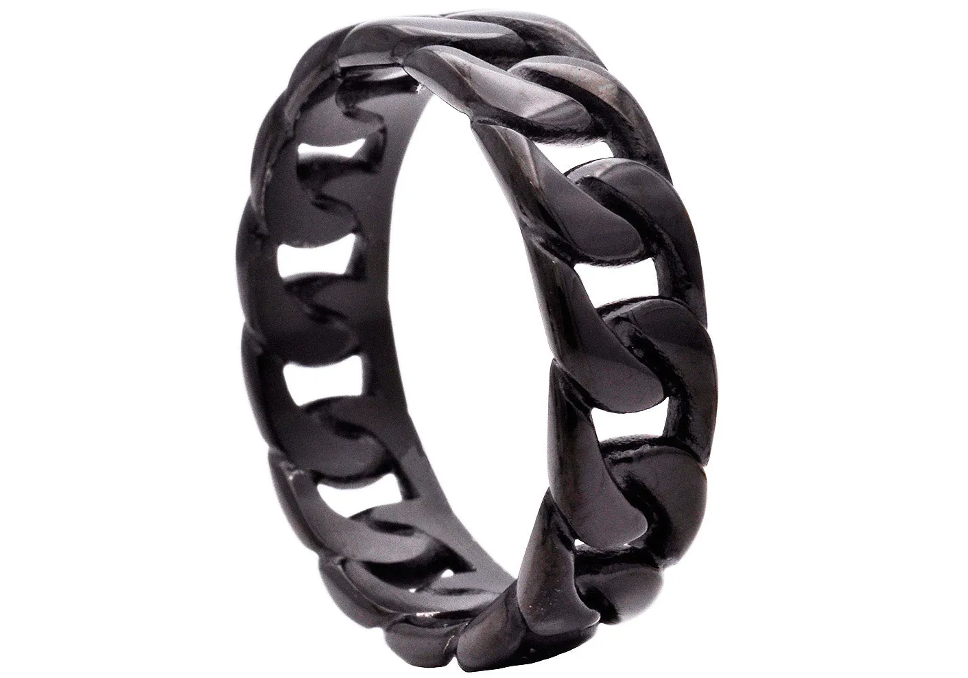 Mens 7mm Black Stainless Steel Cuban Link Band Ring