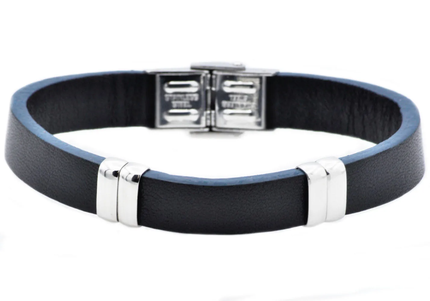 Mens Black And Blue Leather Stainless Steel Bracelet