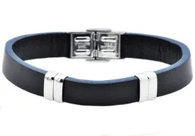 Mens Black And Blue Leather Stainless Steel Bracelet