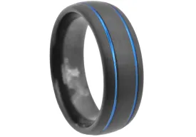 Mens Black And Blue Tungsten Band Ring