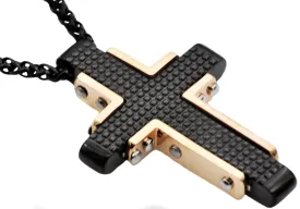 Mens Black And Rose Stainless Steel Textured Cross Pendant Necklace