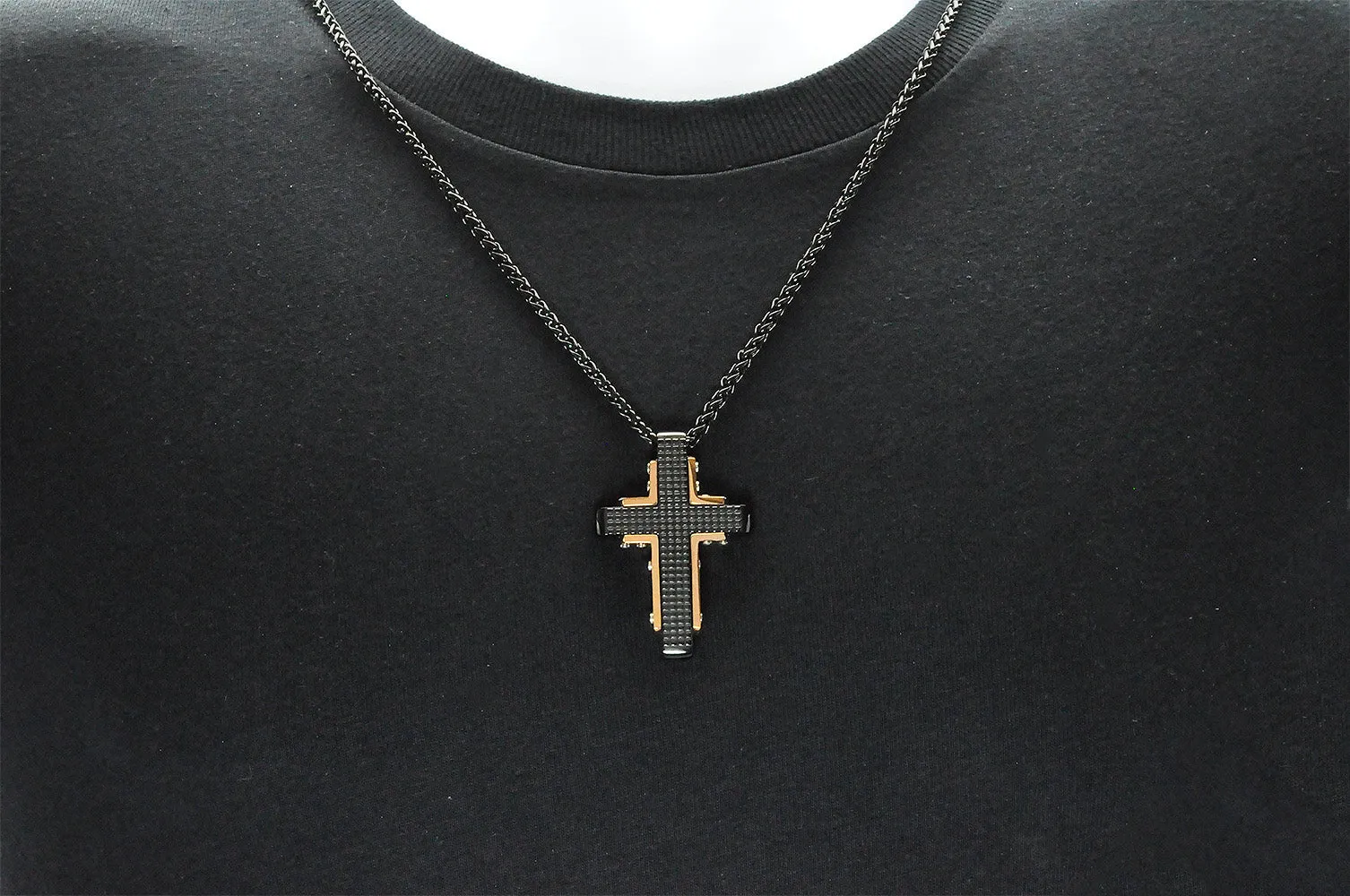 Mens Black And Rose Stainless Steel Textured Cross Pendant Necklace
