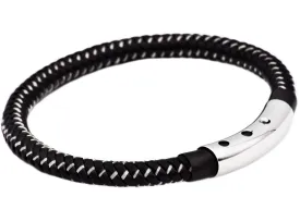 Mens Black Leather And Black Stainless Steel Bracelet