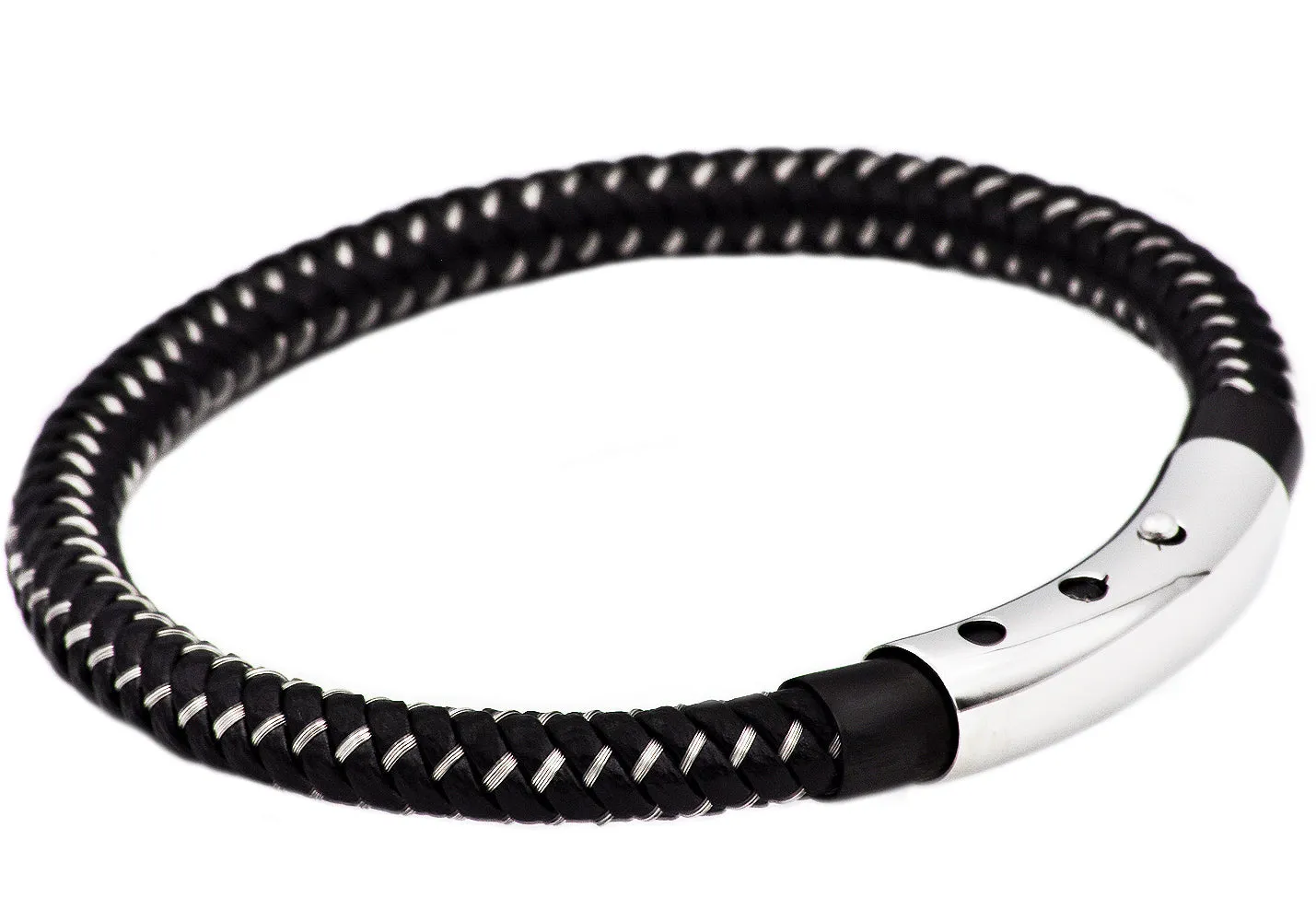 Mens Black Leather And Black Stainless Steel Bracelet