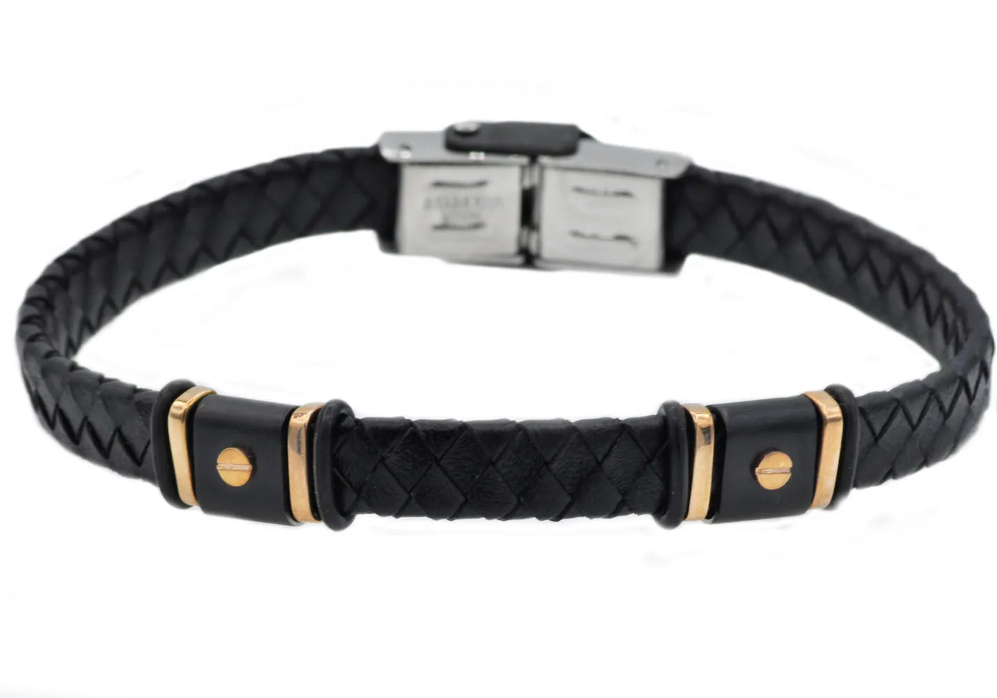 Mens Black Leather And Stainless Steel Bracelet