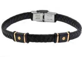 Mens Black Leather And Stainless Steel Bracelet