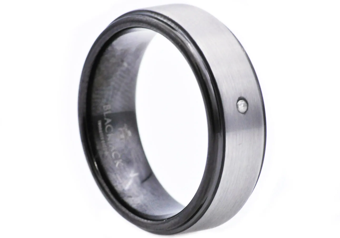 Mens Black Plated Tungsten Ring With Diamond
