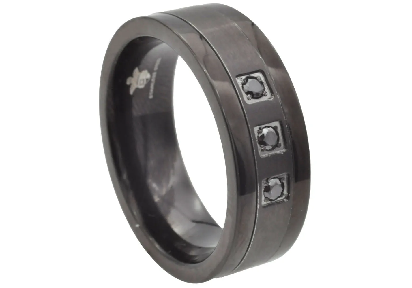 Mens Black Stainless Steel Band Ring With Cubic Zirconia