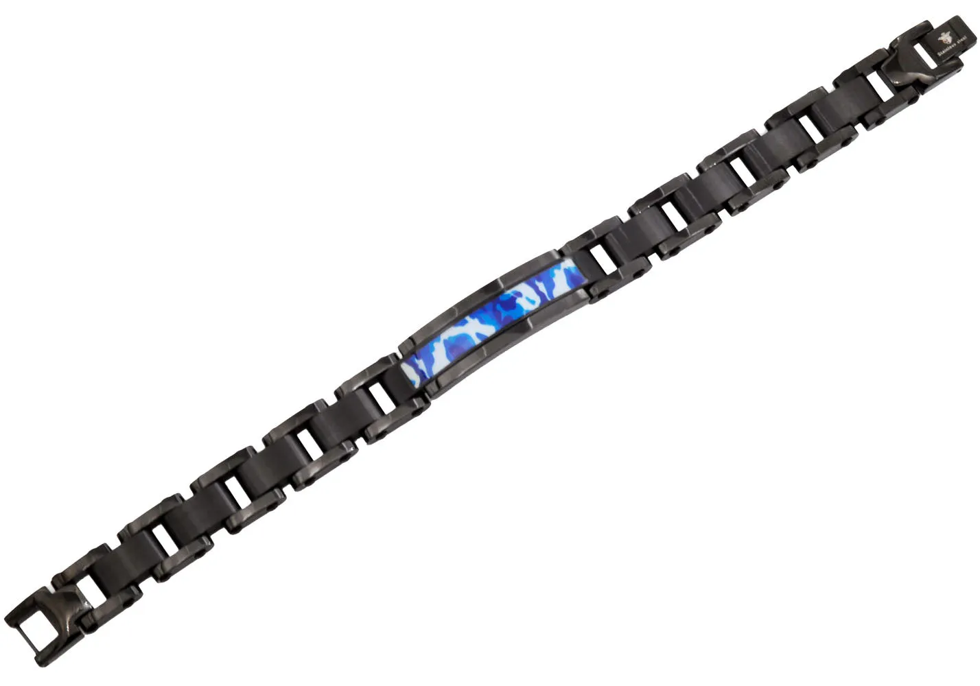 Mens Black Stainless Steel Blue Camo ID Link Bracelet
