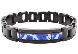 Mens Black Stainless Steel Blue Camo ID Link Bracelet