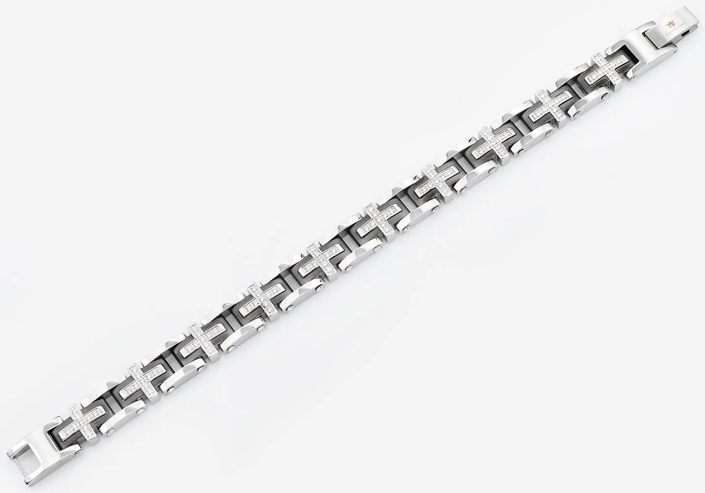 Mens Black Stainless Steel Cross Bracelet With Cubic Zirconia