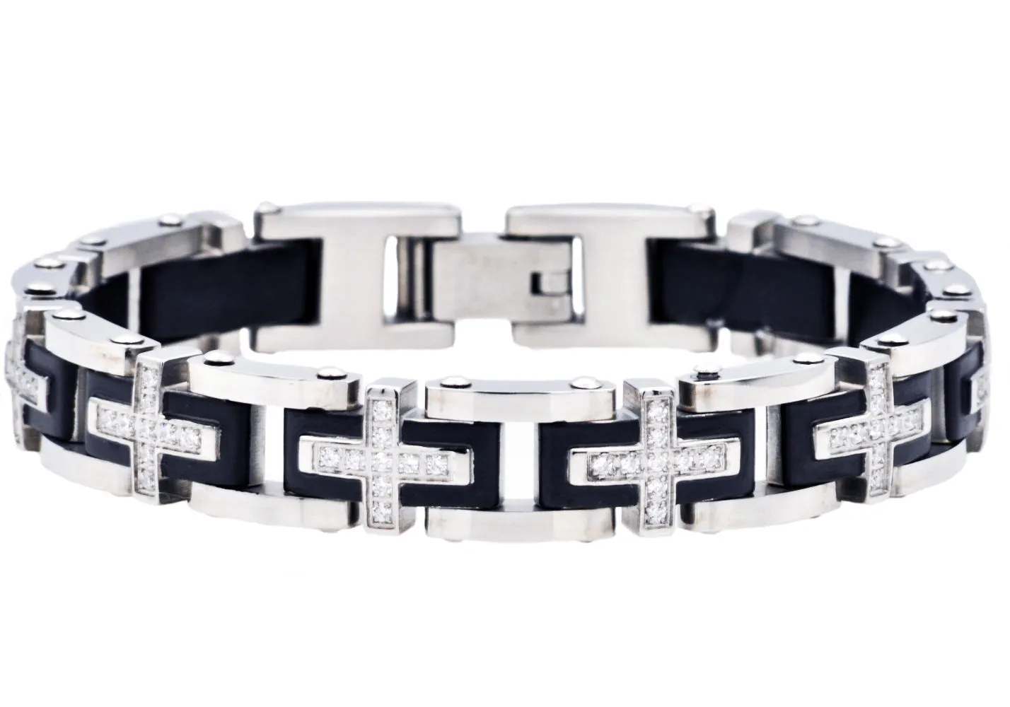 Mens Black Stainless Steel Cross Bracelet With Cubic Zirconia