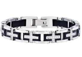 Mens Black Stainless Steel Cross Bracelet With Cubic Zirconia
