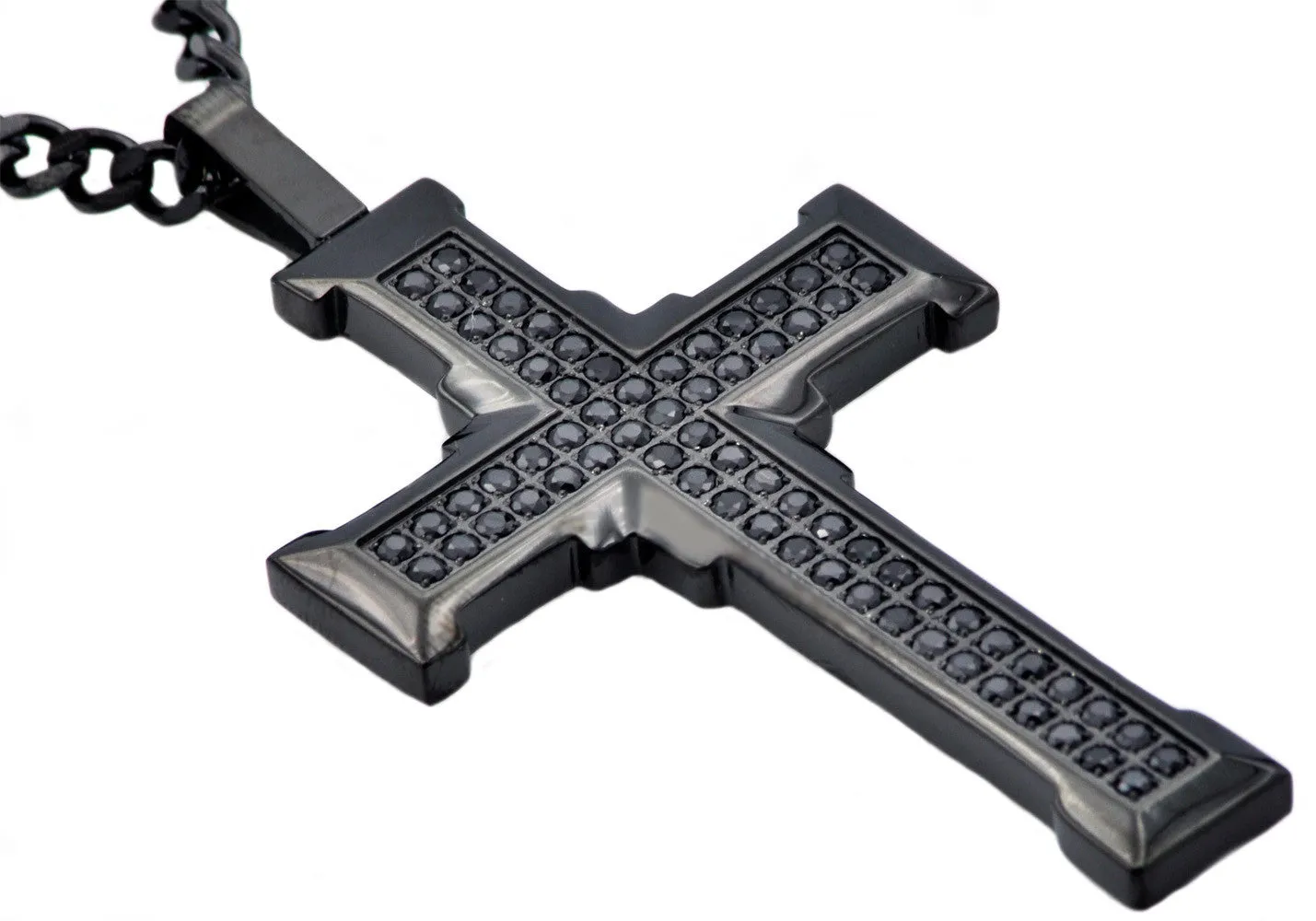 Mens Black Stainless Steel Cross Pendant With Cubic Zirconia
