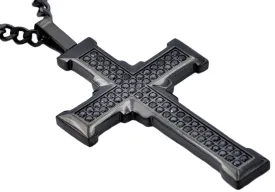 Mens Black Stainless Steel Cross Pendant With Cubic Zirconia