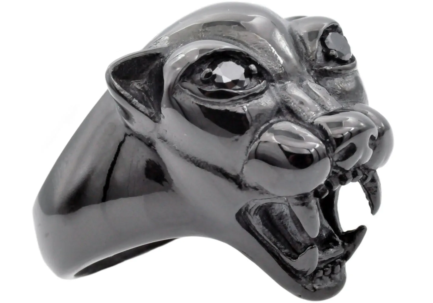 Mens Black Stainless Steel Panther Ring With Black Cubic Zirconia
