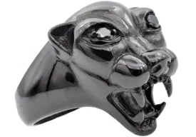 Mens Black Stainless Steel Panther Ring With Black Cubic Zirconia