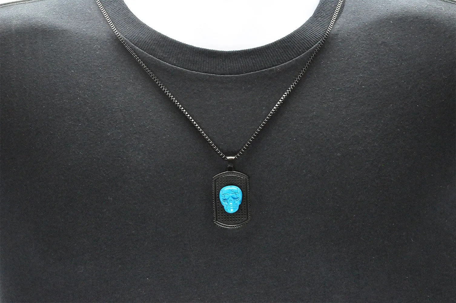 Mens Black Stainless Steel Turqoise Skull Dog Tag Pendant