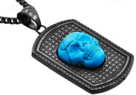 Mens Black Stainless Steel Turqoise Skull Dog Tag Pendant