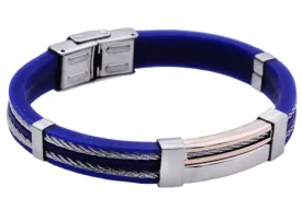 Mens Blue Silicone Rose Stainless Steel Wire Bangle Bracelet