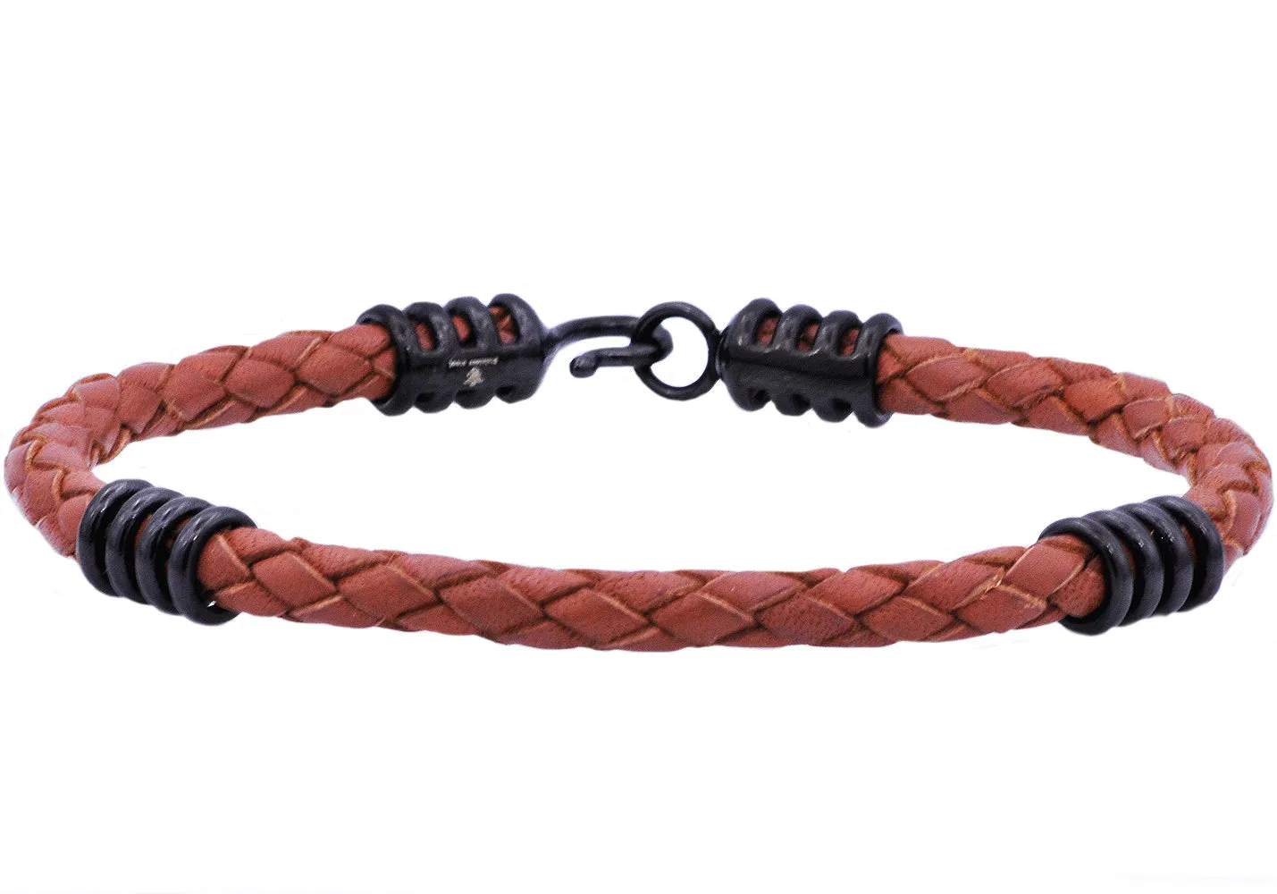 Mens Brown Leather Black Stainless Steel Bracelet