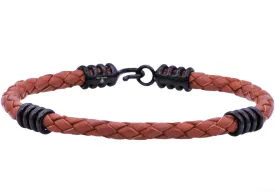Mens Brown Leather Black Stainless Steel Bracelet